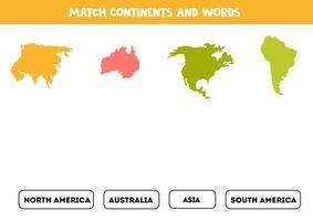Matching game with continents. Find continents and their names. vector