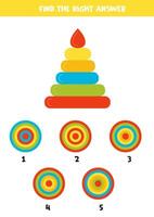 Find the right top view. Worksheet with toy pyramid. vector