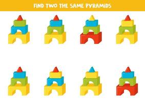 Find two the same colorful toy pyramids. Educational game for preschool children. vector