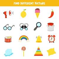 Find different object in each row. Logical game for preschool kids. 5 senses. vector
