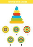 Find the right top view. Worksheet with toy pyramid. vector