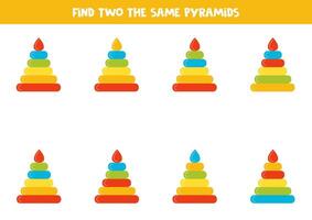 Find two the same colorful toy pyramids. Educational game for preschool children. vector