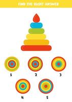 Find the right top view. Worksheet with toy pyramid. vector