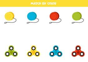 Match cartoon yo yo and spinners by colors. Logical color sorting game for kids. vector