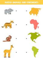 Match animals species with continents. Educational logical game. vector