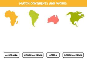 Matching game with continents. Find continents and their names. vector
