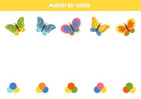 Match cartoon butterflies and palettes by colors. Logical color sorting game for kids. vector