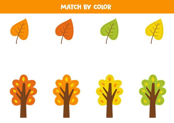 Color matching game for preschool kids. Match autumn trees and autumn leaves by color.
