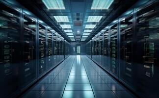 Modern server room showcases a high-tech marvel of computing infrastructure, where sleek hardware, intricate cabling, and advanced technology converge to power the digital world's photo