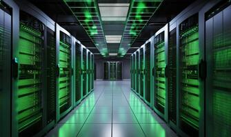 Modern server room showcases a high-tech marvel of computing infrastructure, where sleek hardware, intricate cabling, and advanced technology converge to power the digital world's photo