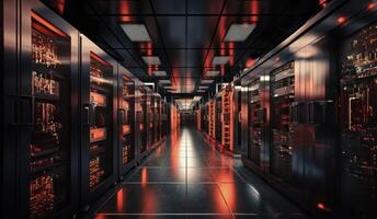 Modern server room showcases a high-tech marvel of computing infrastructure, where sleek hardware, intricate cabling, and advanced technology converge to power the digital world's photo