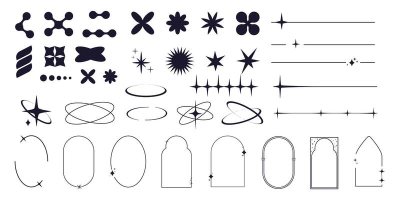 Set of y2k minimal geometric shapes thin line rings, abstract aesthetic element illustrated for banners, social media, poster design, sticker. Trendy design with frame, sparkles, star, lines
