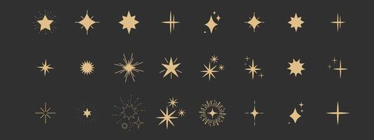 Set gold shine sparkle icon glare,light,blink star minimal shape, burst and rays golden decoration. Twinkle magic comic shine isolated on dark background. vector