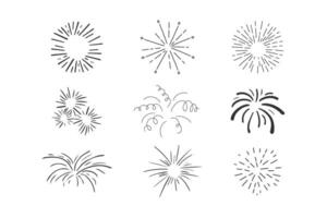 Set fireworks doodle line explosion radial sparkler with rays, hand drawn firecrackers simple and round decoration isolated on white background. vector