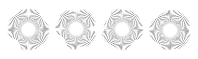Radial sound wave concentric audio rhythm line dynamic set. Radial signal or vibration elements. Depicting audio music vector
