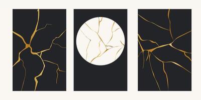 Kintsugi gold simple break lines, asian geaometric crackle. Surface with crack print, effect. Moderm cover golden broken texture. vector
