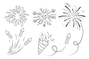 Fireworks and rocket, salute with burst, light and festive explosions in doodle style. Hand drawn sparks, firecracker on white background. Party, celebrations, event. vector