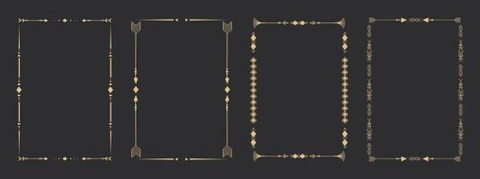 Gold frame set with tribal native indian arrow, ornament. Border thin line divider decoration with feather, simple motif. vector