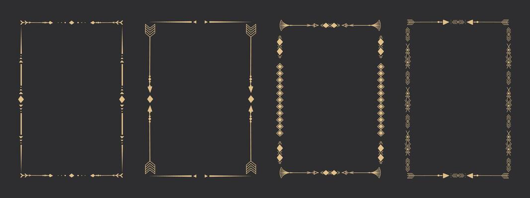 Gold frame set with tribal native indian arrow, ornament. Border thin line divider decoration with feather, simple motif.