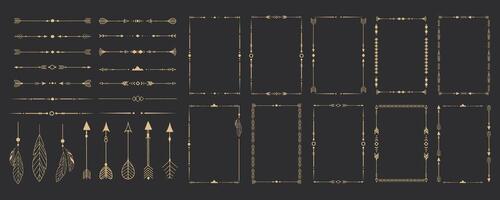 Gold frame set with tribal native indian arrow, ornament. Border thin line divider decoration with feather, simple motif. vector