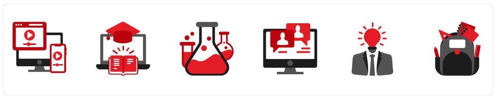 Six Education icons in red and black as online tutorials, e learning, science vector