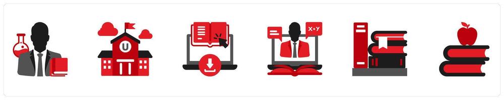 Six Education icons in red and black as professor, university, e books vector