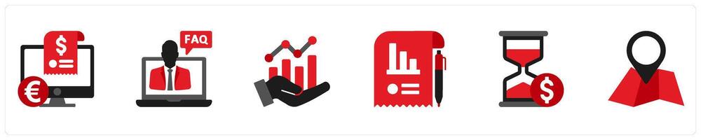 Six Finance icons in red and black as invoice, faq, analytics vector