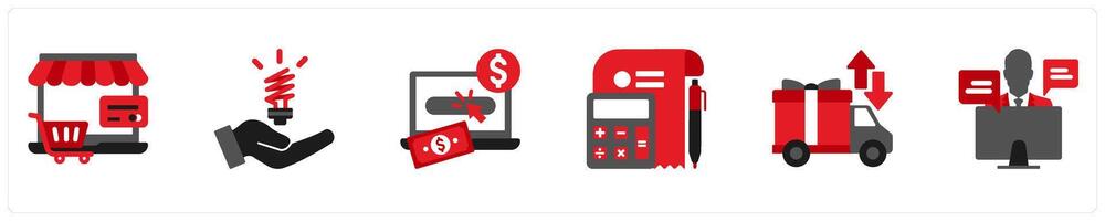 Six Shopping icons in red and black as e commerce, success, pay per click vector