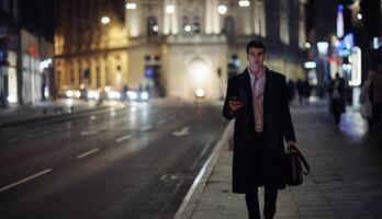 Smiling Meedle Eastern man walking down street near modern office building, photo