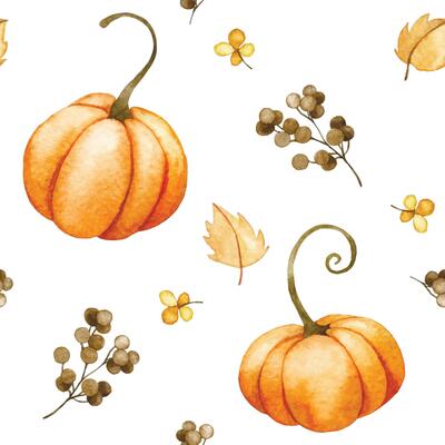watercolor seamless pattern with harvest, with pumpkins in vintage style. print for thanksgiving, fall, harvest festival