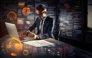 Businessman Analyzing Statistical Data to Evaluate Success.Generated image photo