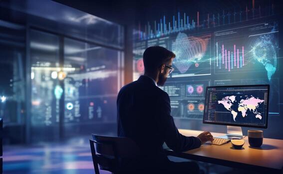 un negocio ejecutivo en un agudo traje se involucra en un hackear guión, estratégicamente utilizando un ordenador portátil en medio de un tecnológicamente inmersivo ambiente lleno con holográfico muestra foto