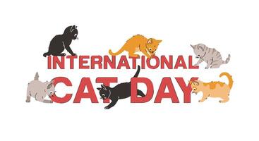 International Cat Day banner. Funny kittens playing near letters. Inscription, text. doodle linear illustration vector