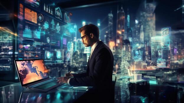 un negocio ejecutivo en un agudo traje se involucra en un hackear guión, estratégicamente utilizando un ordenador portátil en medio de un tecnológicamente inmersivo ambiente lleno con holográfico muestra foto