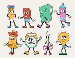 Retro groovy characters set. Back to school. Funny vintage mascot, elements, school objects. Cartoon illustration vector