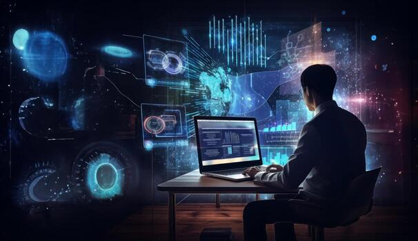 un negocio ejecutivo en un agudo traje se involucra en un hackear guión, estratégicamente utilizando un ordenador portátil en medio de un tecnológicamente inmersivo ambiente lleno con holográfico muestra foto