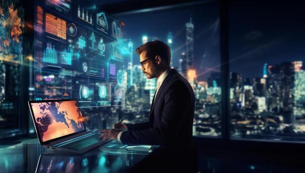 un negocio ejecutivo en un agudo traje se involucra en un hackear guión, estratégicamente utilizando un ordenador portátil en medio de un tecnológicamente inmersivo ambiente lleno con holográfico muestra foto