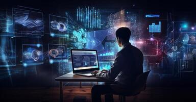 A business executive in a sharp suit engages in a hacking scenario, strategically utilizing a laptop amid a technologically immersive environment filled with holographic displays photo