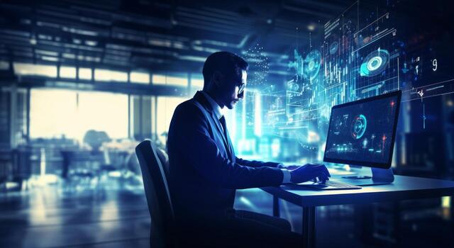 un negocio ejecutivo en un agudo traje se involucra en un hackear guión, estratégicamente utilizando un ordenador portátil en medio de un tecnológicamente inmersivo ambiente lleno con holográfico muestra foto