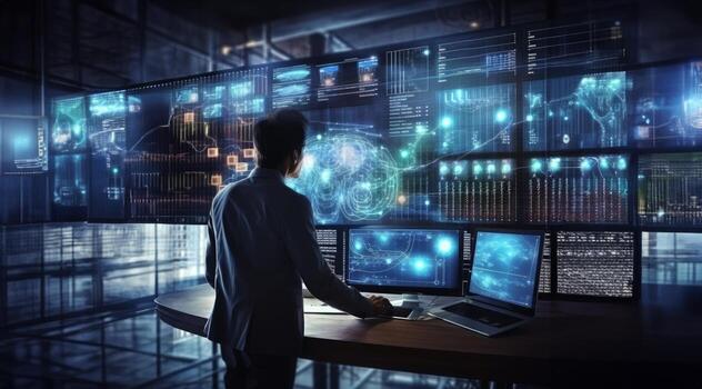 un negocio ejecutivo en un agudo traje se involucra en un hackear guión, estratégicamente utilizando un ordenador portátil en medio de un tecnológicamente inmersivo ambiente lleno con holográfico muestra foto