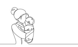 Woman holding, hugging baby. Mom and child. Continuous line. Happy mothers day. one line illustration vector