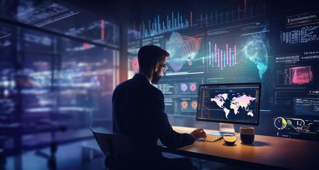 un negocio ejecutivo en un agudo traje se involucra en un hackear guión, estratégicamente utilizando un ordenador portátil en medio de un tecnológicamente inmersivo ambiente lleno con holográfico muestra foto