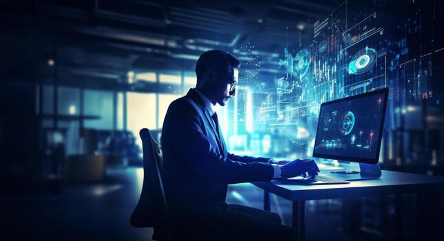 un negocio ejecutivo en un agudo traje se involucra en un hackear guión, estratégicamente utilizando un ordenador portátil en medio de un tecnológicamente inmersivo ambiente lleno con holográfico muestra foto