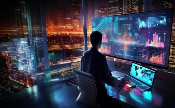 un negocio ejecutivo en un agudo traje se involucra en un hackear guión, estratégicamente utilizando un ordenador portátil en medio de un tecnológicamente inmersivo ambiente lleno con holográfico muestra foto