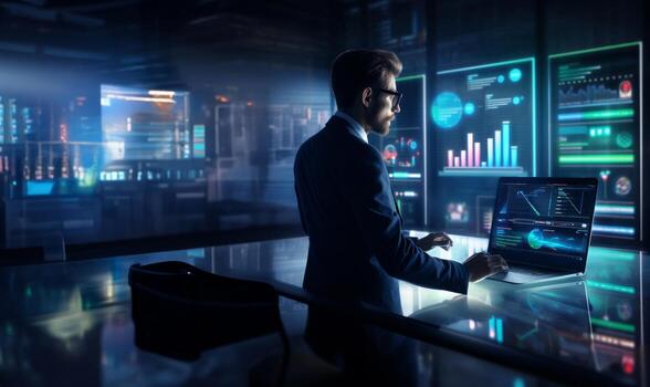 un negocio ejecutivo en un agudo traje se involucra en un hackear guión, estratégicamente utilizando un ordenador portátil en medio de un tecnológicamente inmersivo ambiente lleno con holográfico muestra foto