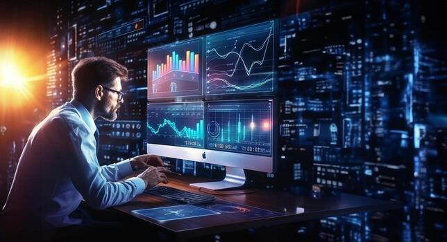 un negocio ejecutivo en un agudo traje se involucra en un hackear guión, estratégicamente utilizando un ordenador portátil en medio de un tecnológicamente inmersivo ambiente lleno con holográfico muestra foto