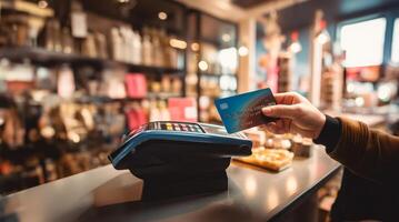 A customer at a cafe or restaurant completes a seamless transaction, using a credit card to pay at the cashier, showcasing the convenience of digital payment in the dining experience photo