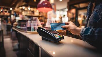 A customer at a cafe or restaurant completes a seamless transaction, using a credit card to pay at the cashier, showcasing the convenience of digital payment in the dining experience photo