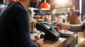 A customer at a cafe or restaurant completes a seamless transaction, using a credit card to pay at the cashier, showcasing the convenience of digital payment in the dining experience photo