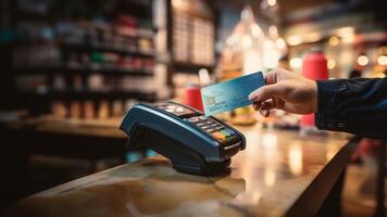 A customer at a cafe or restaurant completes a seamless transaction, using a credit card to pay at the cashier, showcasing the convenience of digital payment in the dining experience photo